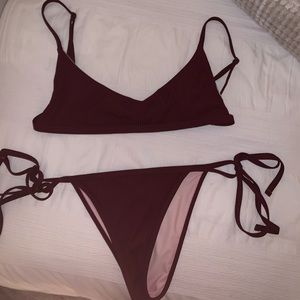 Red ribbed scoop bikini